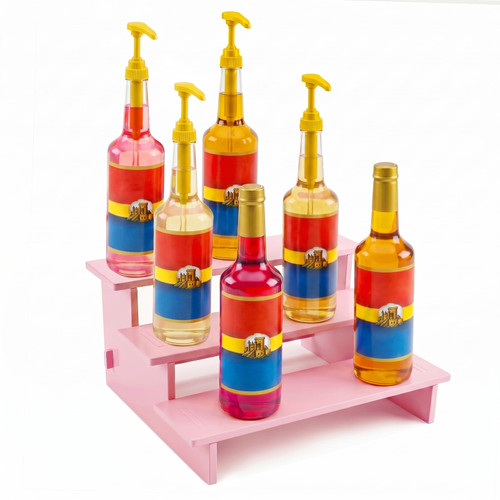 RAWILL Pink Wooden Syrup Bottle Organizer 3 Tier Countertop Rack