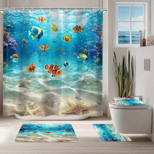 4PCS Ocean Fish Kids Shower Curtain Set Undersea Bathroom Set with Rugs