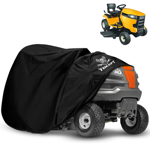 Riding Lawn Mower Cover, Heavy Duty 300D Waterproof Lawn Tractor Cover, Fits Decks Up to 54", for John Deere EGO Toro Craftsman Husqvarna Honda, with Reflective Strips, Black