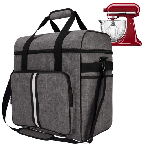 BAGLHER Heavy Duty Kitchen Mixer Cover for 6-8 Quart Stand Mixers, 2-in-1 Shoulder & Hand Carrying Case with Accessory Pockets (15”x10.5”x17”, Grey)