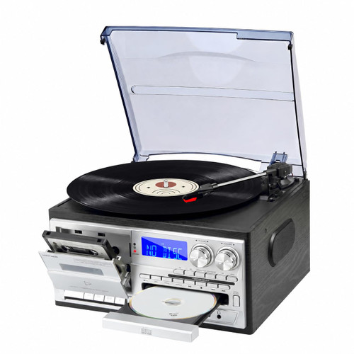 Vintage Multimedia Record Player for Every Era of Music, with Bluetooth Input and Output, 3-Speed Turntable, CD and Cassette Player, USB SD Playback, AM FM Radio and Built-in Stereo Speakers
