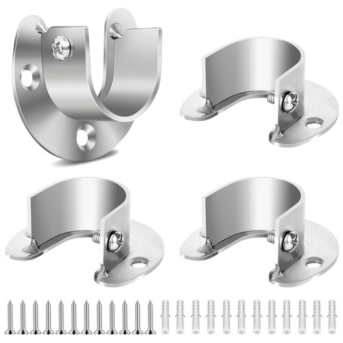 Closet Rod Bracket, Heavy Duty Closet Rod Holders, 1 Inch Closet Pole Socket Stainless Steel Closet Rod End Support U Shaped Wardrobe Bracket Flange Rod Holder, Silver (4 Pack)