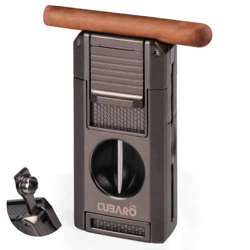 Cigar Lighter with V Cutter, Punch, Draw Tool – Dual Torch Flame, Flip Lid Cigar Rest – Refillable Windproof Butane Lighter Gift Set for Men – Grey Finish (NO Butane)