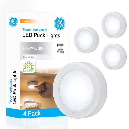 GE Battery Powered Puck Lights, Touch On/Off, 20 Lumens, 4 Pack