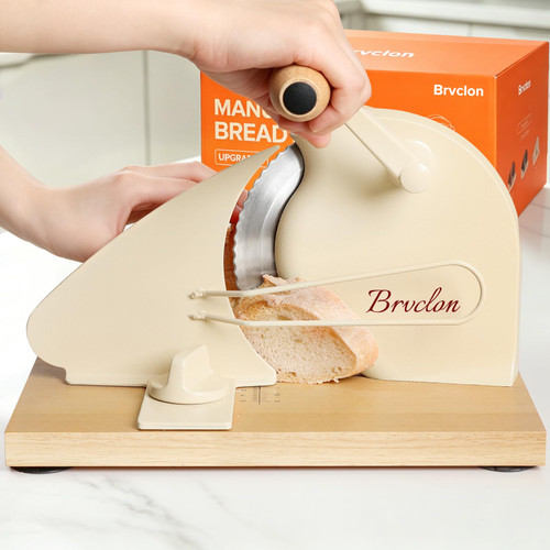 Brvclon Manual Bread Slicer Adjustable Thickness, Hand Crank Bread Slicer for Homemade Sourdough Bread with Scale Line & Suction Cup & Metal Guide,Quality Solid Wood Base