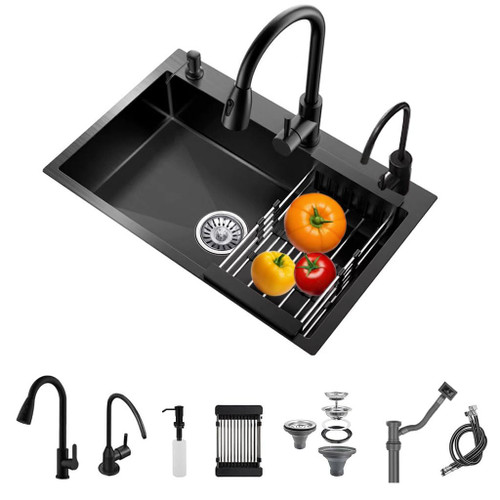 21.7 * 17.7in Drop In Kitchen Sink,Black Stainless Steel Single Bowl Sink,Topmount Workstation Sink With Pull Out Faucet,Soap Dispenser And Drain Basket