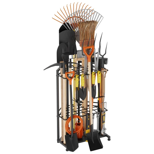 Garden Tool Organizer for Corner - Heavy Duty Metal Rack with 34 Storage Compartments & 14 Hooks for Shovels, Rakes, Long-Handled Tools, Ideal for Garden, Shed, Garage Storage