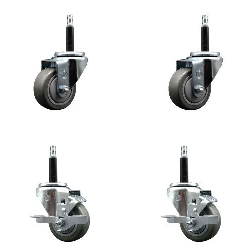 Polyurethane Swivel Expanding Stem Caster Set of 4 with 3 Inch Gray Wheels and 3/4" Stems - Includes 2 with Top Locking Brakes - 1200 lbs Total Capacity - Service Caster Brand
