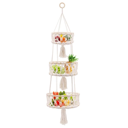 3 tier hanging fruit basket, hanging fruit baskets for kitchen,Macrame Hanging Basket for Fruit and Vegetable Storage, Cotton Rope Woven Baskets for Kitchen, Decorative Boho Decor Hanging Plant Holder