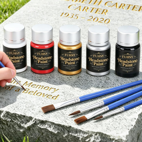 FUHSY Professional Headstone Paint Kit - 5 Colors Monument Letter Inscription Restoration Paint, Lithichrome Paint for Headstones, Gravestone Lettering & Tombstone Marker Pen for Granite & Marble (5 Brushes Included)