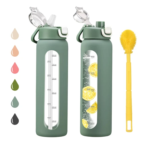 chunmo 32 oz Glass Water Bottles with 2 Lids-Handle Spout Lid & Straw Lid, 1 Liter Motivational Borosilicate Water Bottle with Time Marker and Silicone Sleeve,Leakproof-Olive-1 Pack