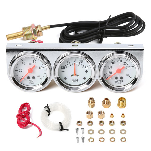 2" 52mm Triple Gauge Set, 3-in-1 Gauge Kit with Oil Pressure, Water Temperature & AMP Gauges, Backlit Dial, Universal for Most 12V Vehicles