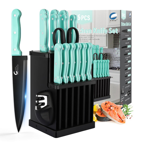 16-Piece Kitchen Knife Set with Block - High Carbon Stainless Steel Knives, Black Non-Stick Coating, Triple Riveted Forged Turquoise Handle, Dishwasher Safe, Includes Knife Sharpener, Scissors