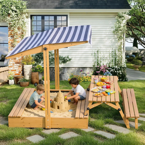 Kids Wooden Sandbox with Picnic Table, 2-in-1 Large Sand Box