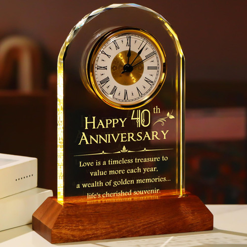YWHL 40th Wedding Anniversary Clock Gifts for Parents, 40 Years Anniversary Romantic Gift for Couples, Table Clock Glass Presents with Wooden Light Base for Home Decoration (Battery not Included)
