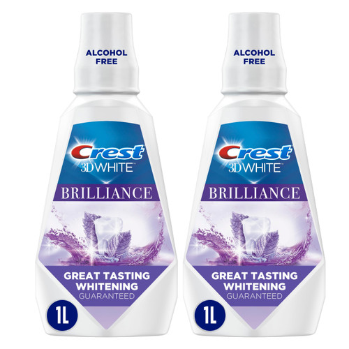 Crest 3DWhite Brilliance Alcohol Free Whitening Mouthwash, Value Twin Pack, 2 x 1L (33.8 fl oz) Bottles, Whiter Teeth in 7 Days, Freshens Breath, Peroxide Free, Clean Mint Flavor
