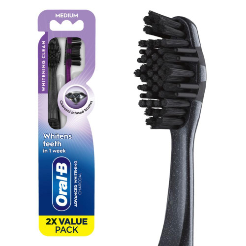Oral-B 3D White Charcoal Manual Toothbrush, 2-Pack, Medium Bristles, Teeth Whitening Brushes for Adults