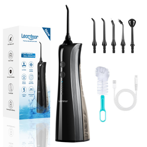 Leominor Water Dental Flosser - 5 Modes Cordless Portable Oral Irrigator, IPX7 Waterproof, Rechargeable Teeth Cleaner Upgrade Datchable Tank Professional Flossing Cleaning Pick for Home Travel (Black)