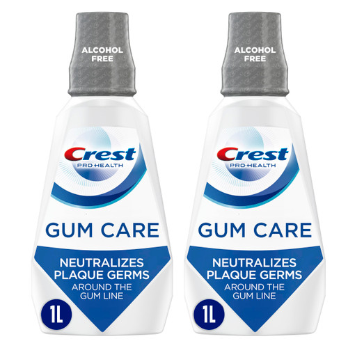 Crest Gum Care Alcohol Free Mouthwash, Cool Wintergreen, Value Twin Pack, 2 x 1L (33.8 fl oz) Bottles, Helps Prevent & Reduce Gingivitis, Neutralizes Plaque Around the Gum Line, No Burn Oral Rinse