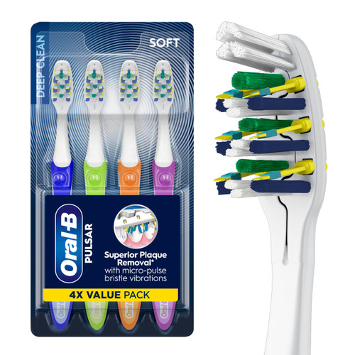 Oral-B Toothbrush, Vibrating Plaque Remover Pulsar, Vibrating Battery Toothbrush, Soft, 4 Count
