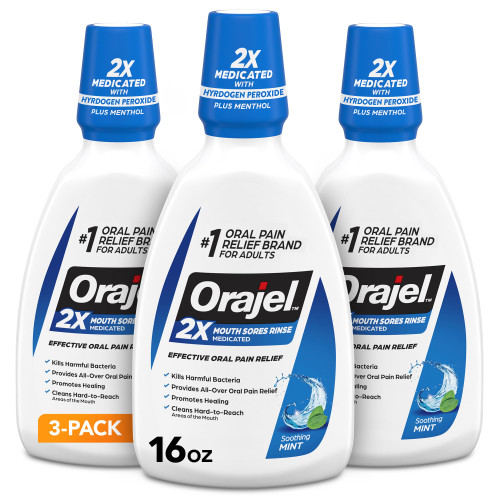 Orajel Mouth Sore Medicated Rinse for Oral Pain Relief, Mint, 16 Oz, 3-Pack
