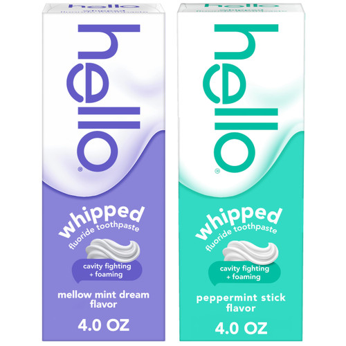 Hello Whipped Mellow Mint Dream and Peppermint Stick Toothpaste Pack, Minty Adult Foam Toothpaste with Fluoride, SLS Free, Freshens Breath, Dreamy Foamy Texture, Fights Cavities, 2 Pack, 4.0 Oz Tubes