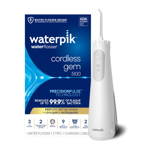 Waterpik Cordless Gem 5100 Portable Water Flosser, Rechargeable, White
