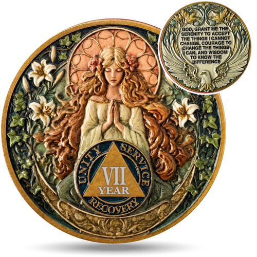 EXY 7 Year Sobriety Coin | Mucha Elegant Goddess Design | 3D Texture AA NA Medallions & Recovery Chips | Anniversary Sobriety Gift Set with Token Capsule, Stand & Card for Men Women