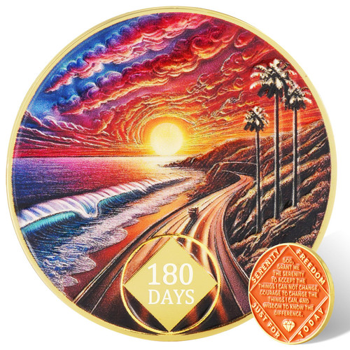 Leafence Sunset Beach Sobriety Coin Commemorative Coin Recovery Addiction NA AA Chips and Medallions with Inspirational Quote Narcotics Alcoholics Anonymous Gifts (Sunset Beach Road, 180 Days)