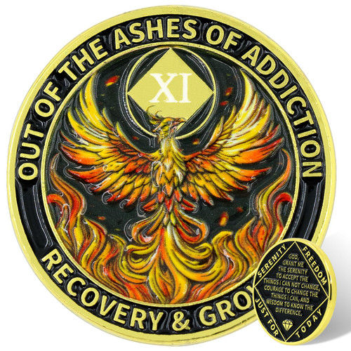Leafence Phoenix Recovery Coin with Serenity Prayer Commemorative Addiction Recovery Medallion Sobriety Coin NA AA Chips Challenge Coin (Premium Phoenix Recovery, 11 Years)