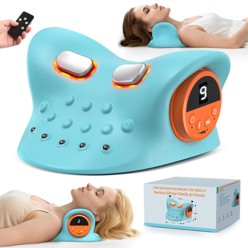 Smedz 2026 Neck Massager Portable Neck Massager with Heat, 4-in-1 Cervical Traction Pillow, Wireless Remote & 9 Intensities, Lightweight 7" C-Shape for Home Office Travel – Gift for Parents