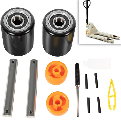 PTH50 Pallet Jack Wheels Replacement Kit for Crown PTH50 Pallet Jacks and Most Standard Pallet Jacks,1 Pair Load Roller 2.75" x 3.75", with Axles,Poly Tread Black with Bearings 20mm