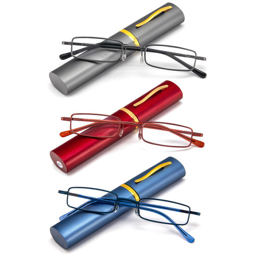 REAVEE 3 Pack Slim Pen Reading Glasses Small Tube Stylish Readers for Women Men Spring Hinged with Portable Clip Case, Grey Red Blue 3.5