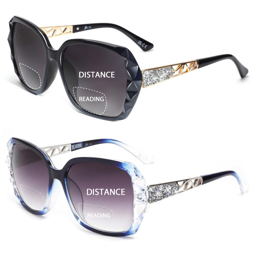 JM 2 Pack Bifocal Sunglasses for Women, Oversized Fashion Square Sun Reader, Black & Blue +2.5