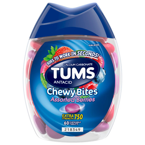TUMS Chewy Bites Antacid Tablets for Chewable Heartburn Relief and Acid Indigestion Relief, Assorted Berries - 60 Count
