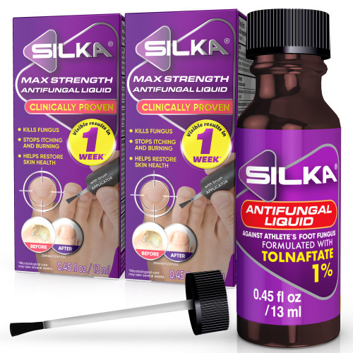 SILKA Max Strength Antifungal Liquid for Toenail Health with Brush Applicator, Results in 1 Week, Nail Fungus Treatment for Damaged Toenails, Athlete's Foot Treatment, Tolnaftate 1% 0.45 Fl Oz -2 Pack