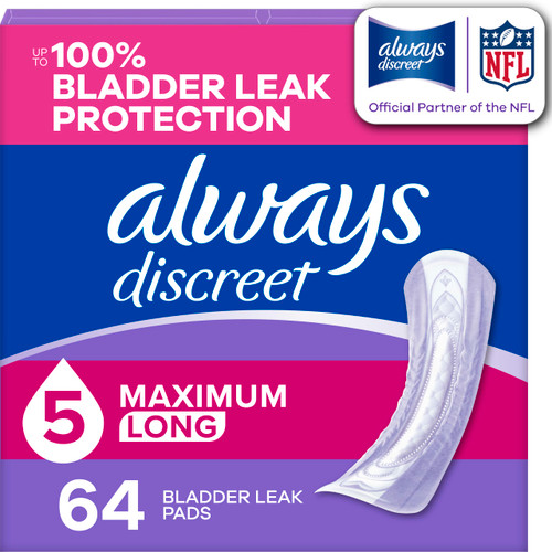 Always Discreet Adult Incontinence Pads for Women, Drier, 5 Drop Long Length, Heavy Absorbency, Pads for Bladder Control Management, Bladder Leaks, & Postpartum Pads, 64ct