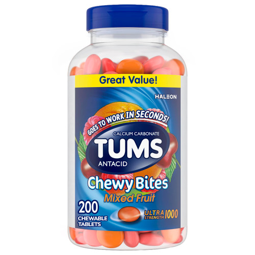 TUMS Chewy Bites Antacid Tablets, Heartburn Relief, Mixed Fruit, 200 Count