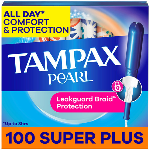 Tampax Pearl Tampons for Women, with LeakGuard Braid, Super Plus Absorbency, Unscented, 100 Count (2 Packs of 50)