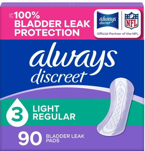 Always Discreet Adult Incontinence Pads for Women, Drier, 3 Drop Regular Length, Light Absorbency, Pads for Bladder Control Management, Bladder Leaks, & Postpartum Pads, 90ct