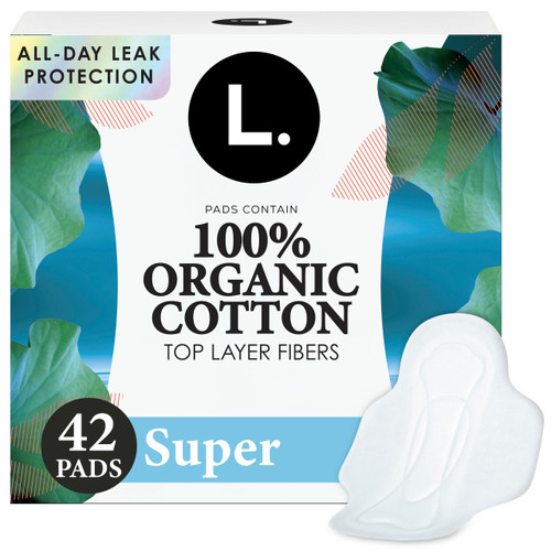 L. Ultra Thin Pads for Women, Organic Cotton Top Layer, Super Absorbency, Menstrual Pads with Wings, Made Without Synthetic Pesticides and Fragrances, 42 Count