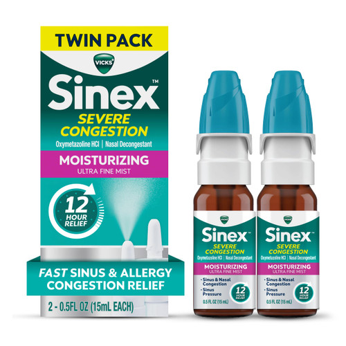 Vicks Sinex Severe Congestion Nasal Spray, Moisturizing Ultra Fine Mist with Aloe, Nasal Decongestant Sinus Medicine, Nasal Congestion & Sinus Pressure Relief Due to Cold or Allergies, 530 Sprays