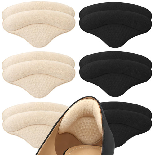 6 Pairs Heel Pads Heel Grips Liner for Loose Shoes, Heel Cushion Pads Heel Inserts for Shoe Too Big, Ultra Soothing Heel Protectors for Heel Pain, Heel Slipping, Blisters, Friction(Black&Beige)