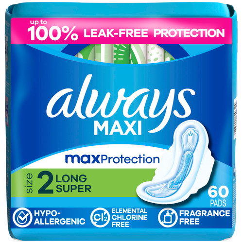 Always Maxi Feminine Pads with Wings for Women, Size 2, Long Super Absorbency, Unscented 60 Count