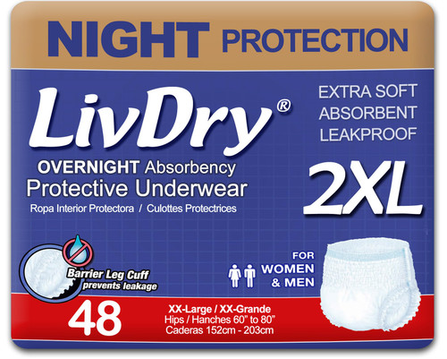 LivDry 2XL Overnight Adult Diapers for Women and Men, XXL Incontinence Underwear, 60”-80" Waist, Disposable Pull-On Briefs, XX-Large, 48 Pack