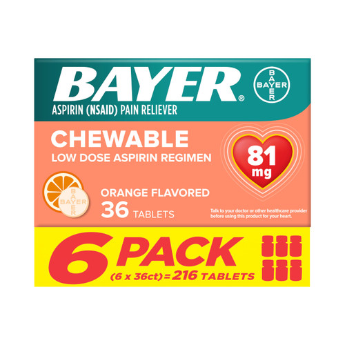 Bayer Chewable Low Dose Aspirin, 81 mg, Orange, 36 Ct, Pack of 6