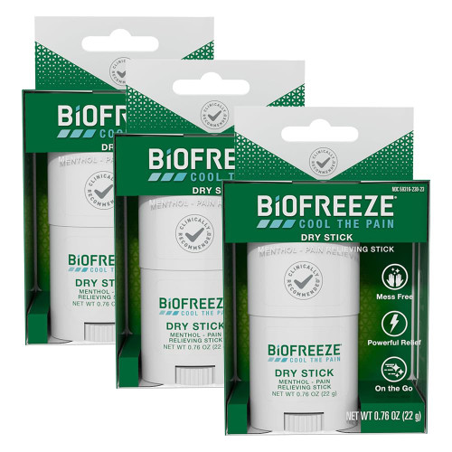 Biofreeze Dry Stick, Mess-Free Relief for Neck, Shoulder, Knee, Hip, Hand & Joint, Cooling Menthol Pain Relief Stick, 100+ Uses (3 Pack)