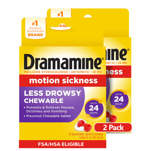 Dramamine Motion Sickness Less Drowsy Raspberry Cream Chewable, 12 Ct, 2 Pk