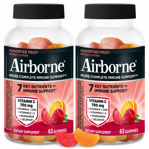 Airborne 750mg Vitamin C Gummies for Adults, Immune Support Supplement with Powerful Antioxidants Vitamins A C & E - 2x63ct Bottles (126 Gummies), Assorted Fruit Flavor