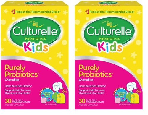 Culturelle Kids Chewable Daily Probiotic for Kids, Ages 3+, No.1 Pediatrician-Recommended Brand, Natural Berry, Daily Probiotics for Digestive Health, Oral Care & Immune Support, 2 Month Supply